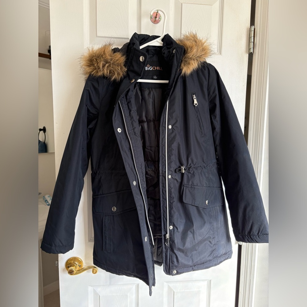 NWOT Big Chill Black Hooded Long Sleeve Anorak Mid-Length Coat - S - Picture 2 of 5